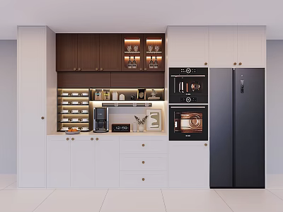 Modern Kitchen Interior With Sideboard White Cabinets Dark Appliances And Wall Storage 3d model