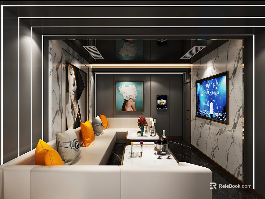 Modern KTV Room Interior With Sofa Orange Cushions TV Screen Decorative Paintings And Lighting 3d model 