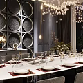 Luxurious Private Dining Room Interior With Round Table Gray Chairs Chandelier And Decorative Wall