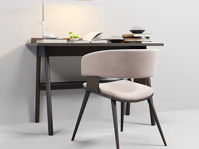 Modern Wooden Desk with Beige Chair Table Lamp Open Book and Decorative Items 3d model