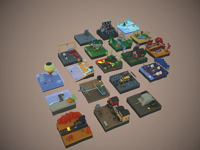 Multiple Vibrant Cartoon Scene Miniatures Showcasing Various Themed Settings And Cute Details 3d model