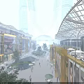 Modern Commercial Street Featuring Glass Facades Tall Buildings Open Roof Green Plants Outdoor Seating And Pedestrians