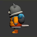 Cute Gray Cartoon Cat Wearing Orange Coat And Blue Backpack Standing On Dark Background