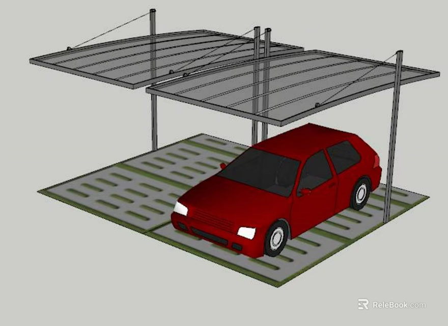 Carport with Metal Frame Covering Red Car on Grid Parking Floor 3d model 