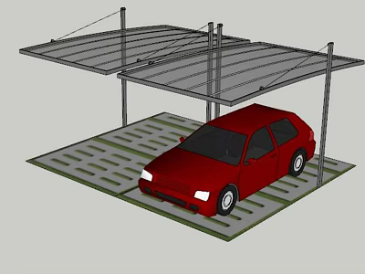Carport with Metal Frame Covering Red Car on Grid Parking Floor 3d model