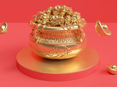 Gold Jewelry Filled Treasure Bowl On Golden Base With Scattered Gold Ingots Red Background 3d model