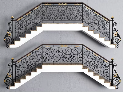 Elegant Double Staircase Design with Wrought Iron Railings Gold Accents and White Steps 3d model