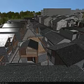 Traditional Commercial Street With Stone Paved Path Red Lanterns And Storefronts