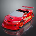 Red Sports Car Model With Streamlined Design Rear Spoiler And Gold Accents