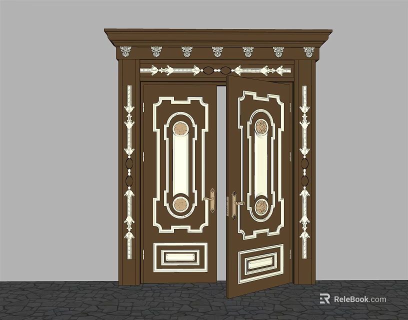 Brown Wooden Double Door With Ornate Carvings And White Decorative Details 3d model 