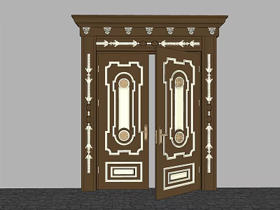 Brown Wooden Double Door With Ornate Carvings And White Decorative Details 3d model