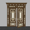 Brown Wooden Double Door With Ornate Carvings And White Decorative Details