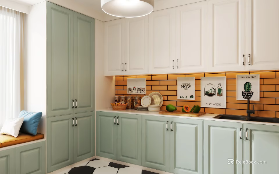 Light Green And White Kitchen Cabinets With Yellow Brick Backsplash And Kitchenware On Countertop 3d model 