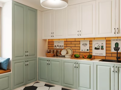 Light Green And White Kitchen Cabinets With Yellow Brick Backsplash And Kitchenware On Countertop 3d model