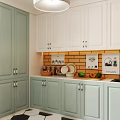 Light Green And White Kitchen Cabinets With Yellow Brick Backsplash And Kitchenware On Countertop