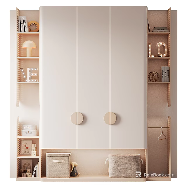 Modern Minimalist Wardrobe Design With Light Colored Doors Round Knobs And Side Storage Shelves 3d model 