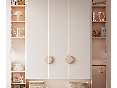 Modern Minimalist Wardrobe Design With Light Colored Doors Round Knobs And Side Storage Shelves 3d model
