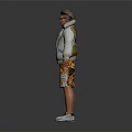 Man In Light Fur Collar Jacket Bright Inner Printed Shorts White Sneakers Sunglasses Dark Background 3d model