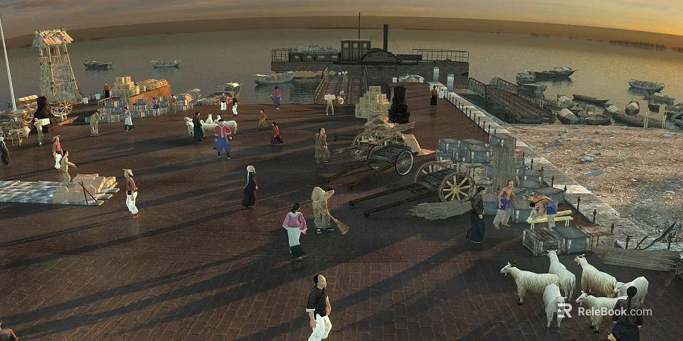 Scenic Sunset Dock With People Horse Drawn Carts Goats And Distant Boats 3d model 