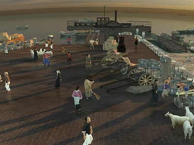 Scenic Sunset Dock With People Horse Drawn Carts Goats And Distant Boats 3d model