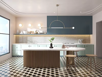 Modern Kitchen Interior Design With Island Blue Cabinets White Countertops Checkerboard Flooring And Pendant Lights 3d model