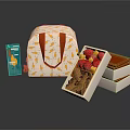 Yellow Bird Pattern on Blue Box with White Handbag and Open Boxes of Colorful Candies