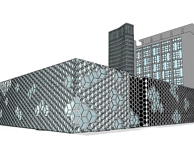 Modern Commercial Complex with Hexagonal Geometric Facade and Surrounding High Rise Buildings 3d model