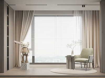 Beige Curtains In Modern Living Space With Natural Light And Cozy Chair View 3d model
