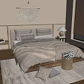 Warm Bedroom Interior With Wicker Headboard Pillows Blanket Table Lamp Rug And Macrame Wall Hanging