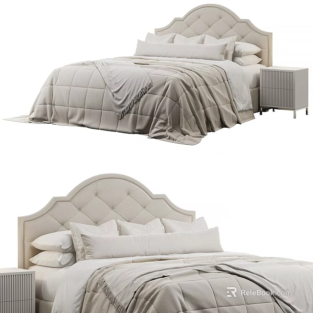 Light Colored Double Bed With Tufted Headboard Pillows Quilt And Nightstand 3d model