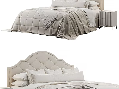 Light Colored Double Bed With Tufted Headboard Pillows Quilt And Nightstand 3d model