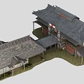 Traditional Japanese Tower Featuring Gray Tile Roof Wooden Structure and Red White Flag