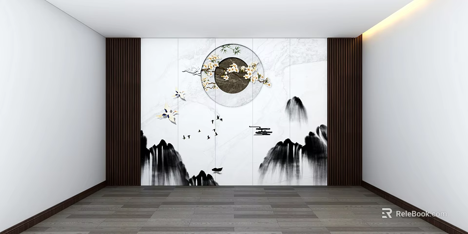 Traditional Chinese Style Feature Wall With Ink Wash Landscape Flowers And Birds 3d model 