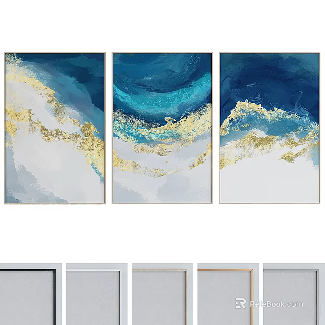 Three Panel Abstract Wall Art With Blue Gold White Brush Strokes Design 3d model 