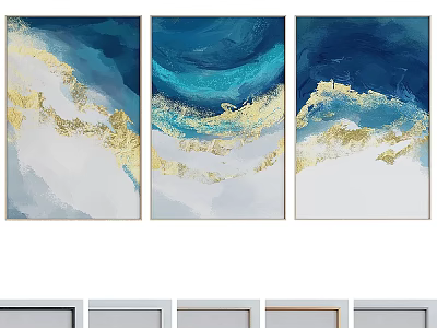 Three Panel Abstract Wall Art With Blue Gold White Brush Strokes Design 3d model
