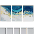 Three Panel Abstract Wall Art With Blue Gold White Brush Strokes Design