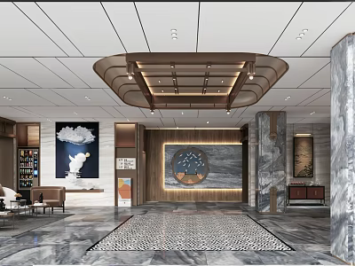 Modern Hotel Lobby Interior With Marble Walls Decorative Paintings And Patterned Floor 3d model