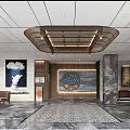 Modern Hotel Lobby Interior With Marble Walls Decorative Paintings And Patterned Floor