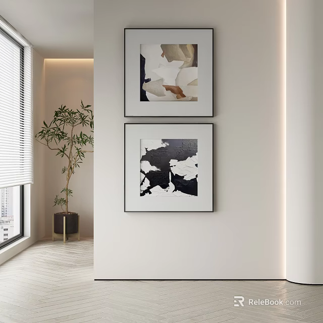 Abstract Paintings Hanging On White Wall In Modern Interior With Green Plant And Natural Light 3d model 