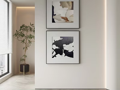 Abstract Paintings Hanging On White Wall In Modern Interior With Green Plant And Natural Light 3d model