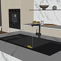 Modern Kitchen Faucet with Water Flowing in Sink and Lemons on Marble Countertop