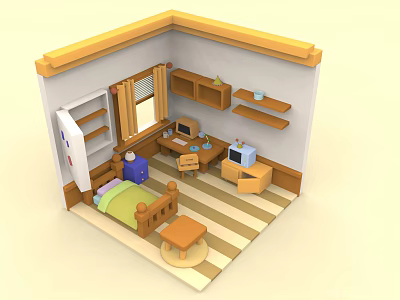 Cartoon Room Interior With Bed Desk Computer TV Bookshelf Window And Striped Rug 3d model
