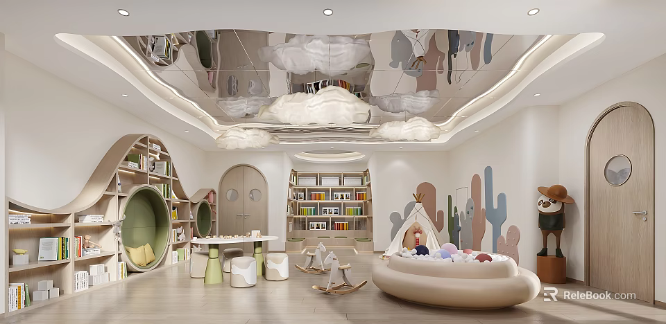 Colorful Kids Playground Interior With Cloud Ceiling Cactus Animal Wall Decor Bookshelves Rocking Chairs And Soft Seating 3d model 