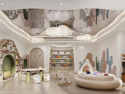Colorful Kids Playground Interior With Cloud Ceiling Cactus Animal Wall Decor Bookshelves Rocking Chairs And Soft Seating 3d model