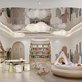 Colorful Kids Playground Interior With Cloud Ceiling Cactus Animal Wall Decor Bookshelves Rocking Chairs And Soft Seating