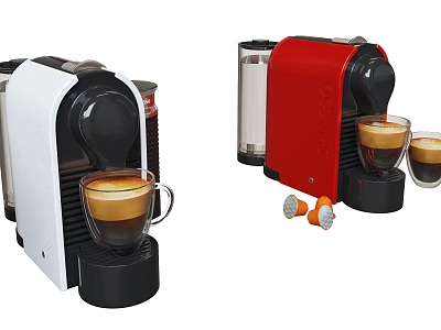 Stylish Kitchen Appliance Coffee Machine in White and Red with Coffee Cups and Capsules 3d model