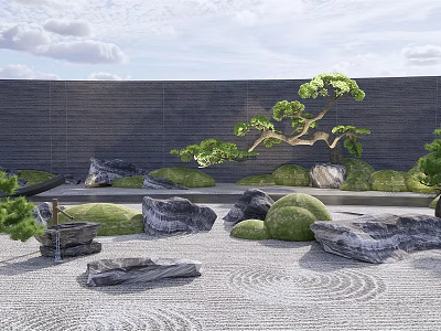 Japanese Courtyard Garden Design With Black Wall Pine Tree Rocks And Gravel Wavy Patterns 3d model