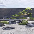 Japanese Courtyard Garden Design With Black Wall Pine Tree Rocks And Gravel Wavy Patterns