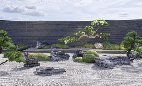 New Chinese style landscape sketch Kumaru stone courtyard landscape stone landscape stone Zen courtyard sketch pine tree landscape tree 3d model