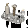 Essential Bathroom Accessories On Marble Countertop With Soap Dispensers Fragrance Bottles And Dried Flowers